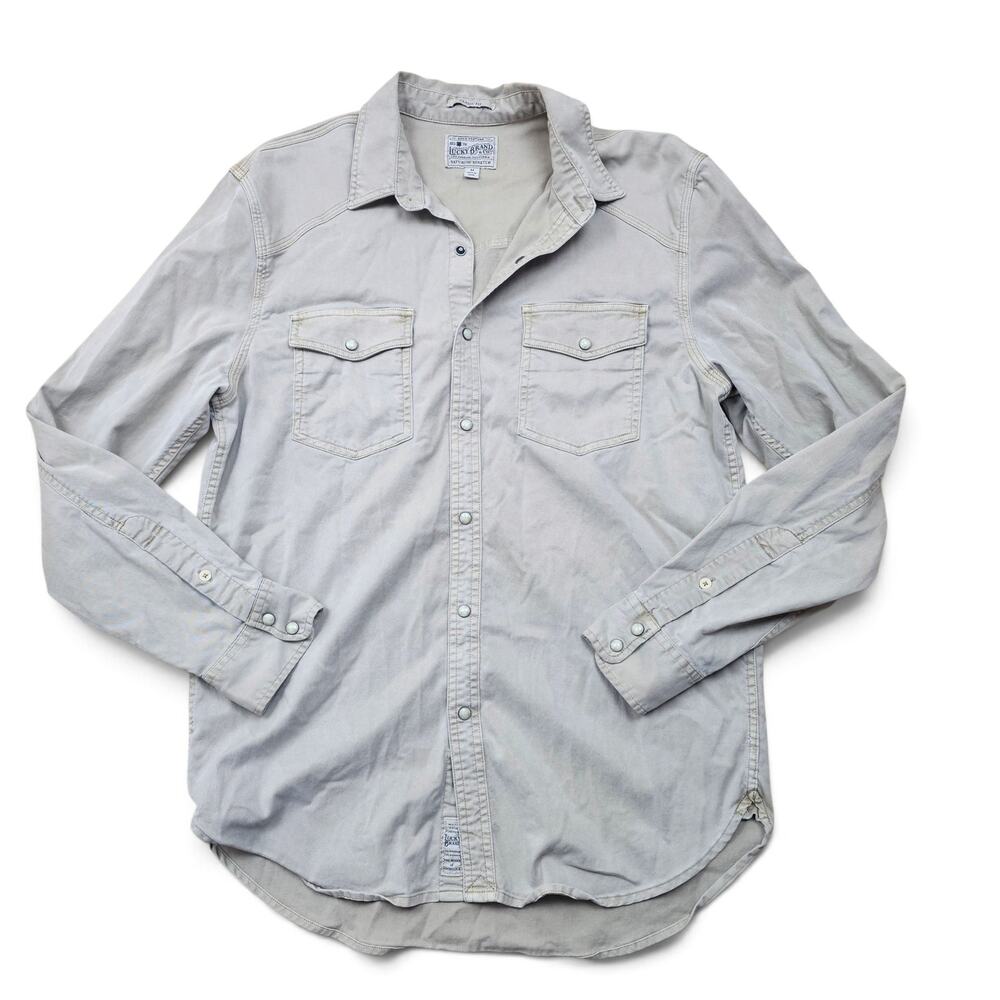 LUCKY BRAND Western Pearl Snap Shirt Men's M Chambray Saturday Stretch Ranchwear